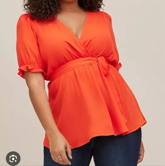 Torrid 3X Georgette Surplice Puff Sleeve Blouse Orange Short Sleeve With Tie - Picture 1 of 7